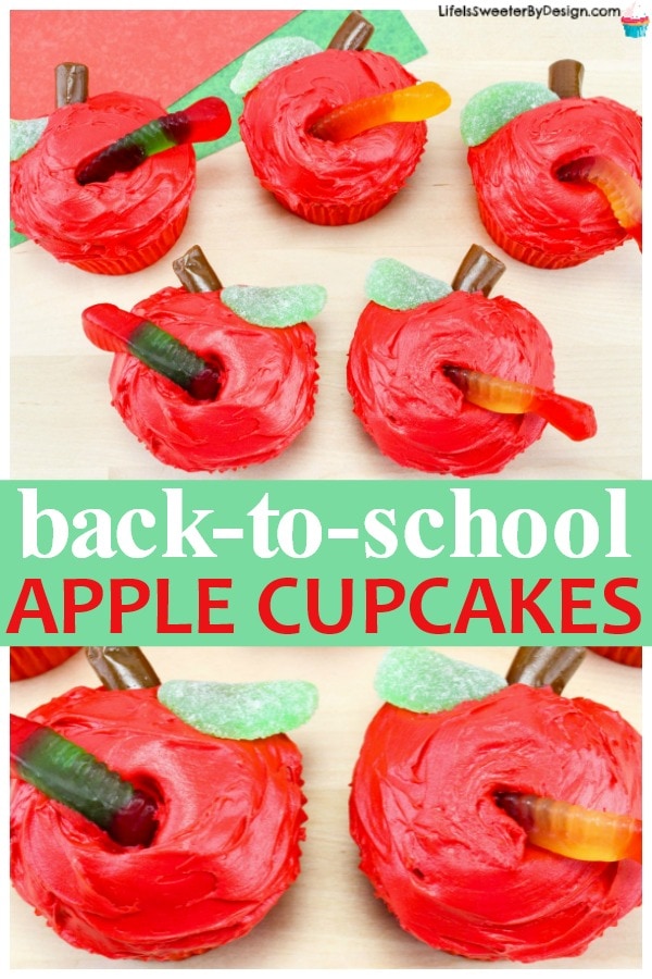 These Apple Cupcakes with a cute worm are perfect for back-to-school parties! Kids and teachers will love these cute cupcakes and they are very easy to make! Great dessert for an apple themed party!