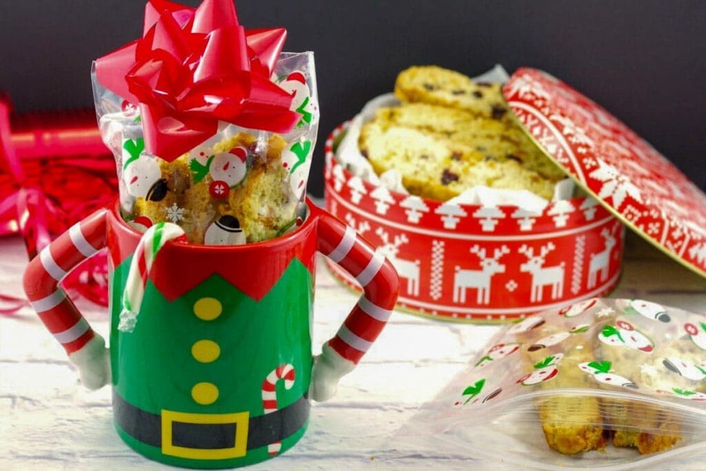 christmas cranberry biscotti in a tin can