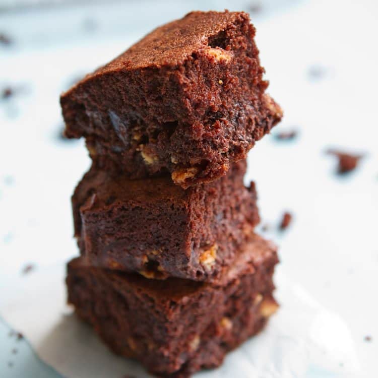 close up view of a stack of brownies