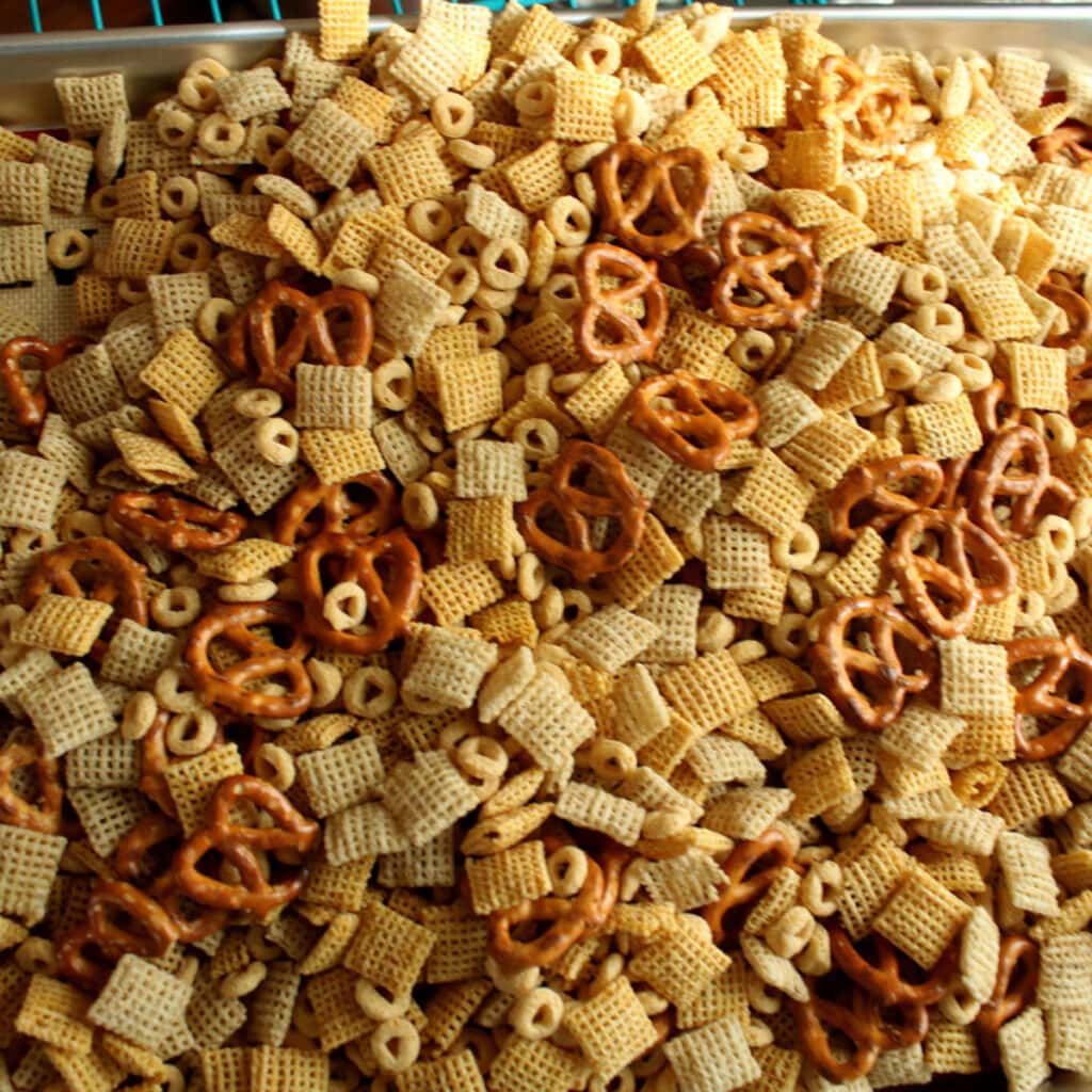 homemade Chex Mix on a baking sheet