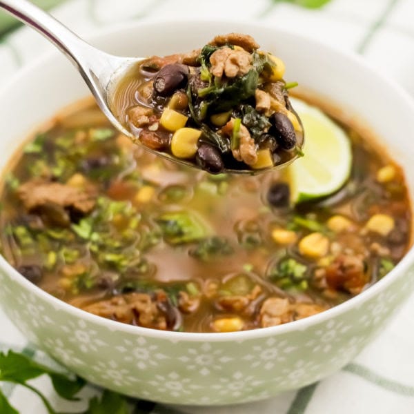 bowl with spoon of Weight Watchers taco soup