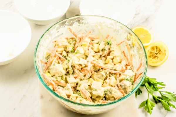 mixing up Skinny Chicken Salad