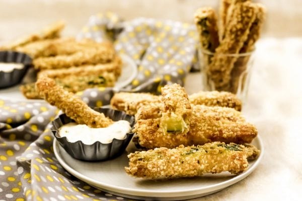Air Fryer Zucchini Fries on plate with dip