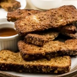 plate of wheat french toast sticks that were cooked in air fryer