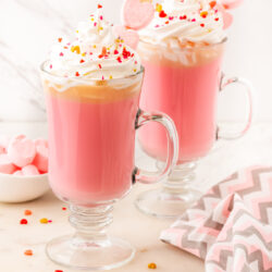 2 glass mugs of cupid cocoa for Valentine's Day
