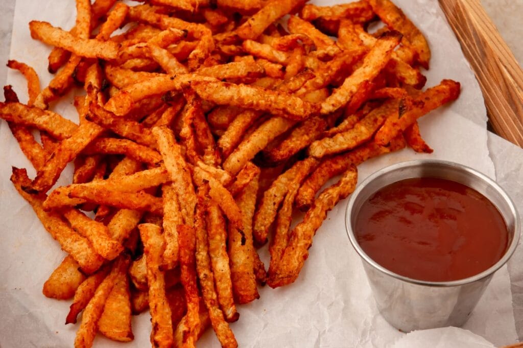 close up of air fried jicama fries with a side of ketchup