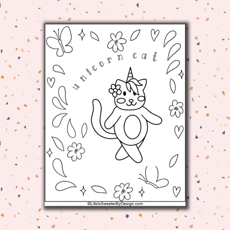 coloring sheet of a cat dressed as a unicorn