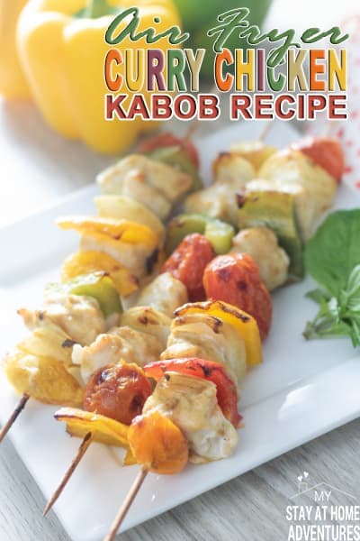 Plate of chicken kabobs with bell pepper and tomatoes