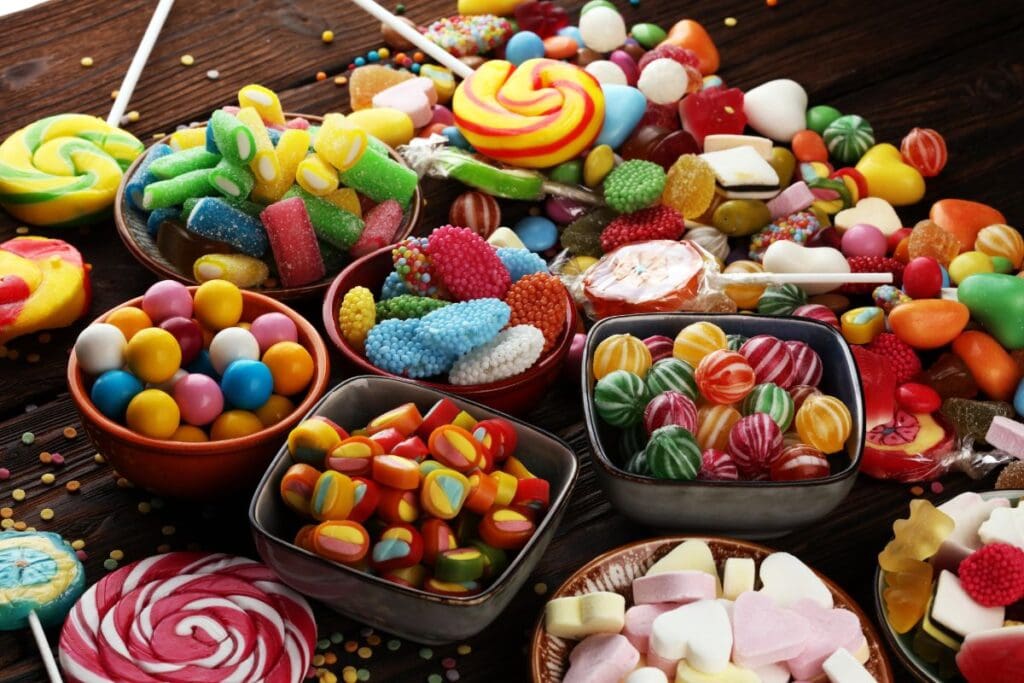 bowls of different kinds of candy