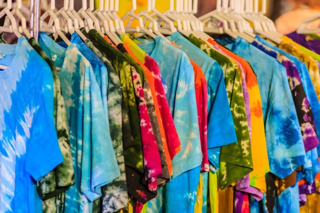 rack of tie dye t-shirts