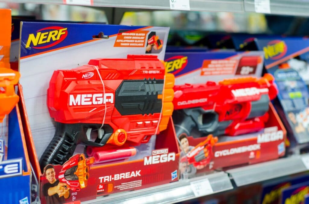 shelf at store with nerf guns