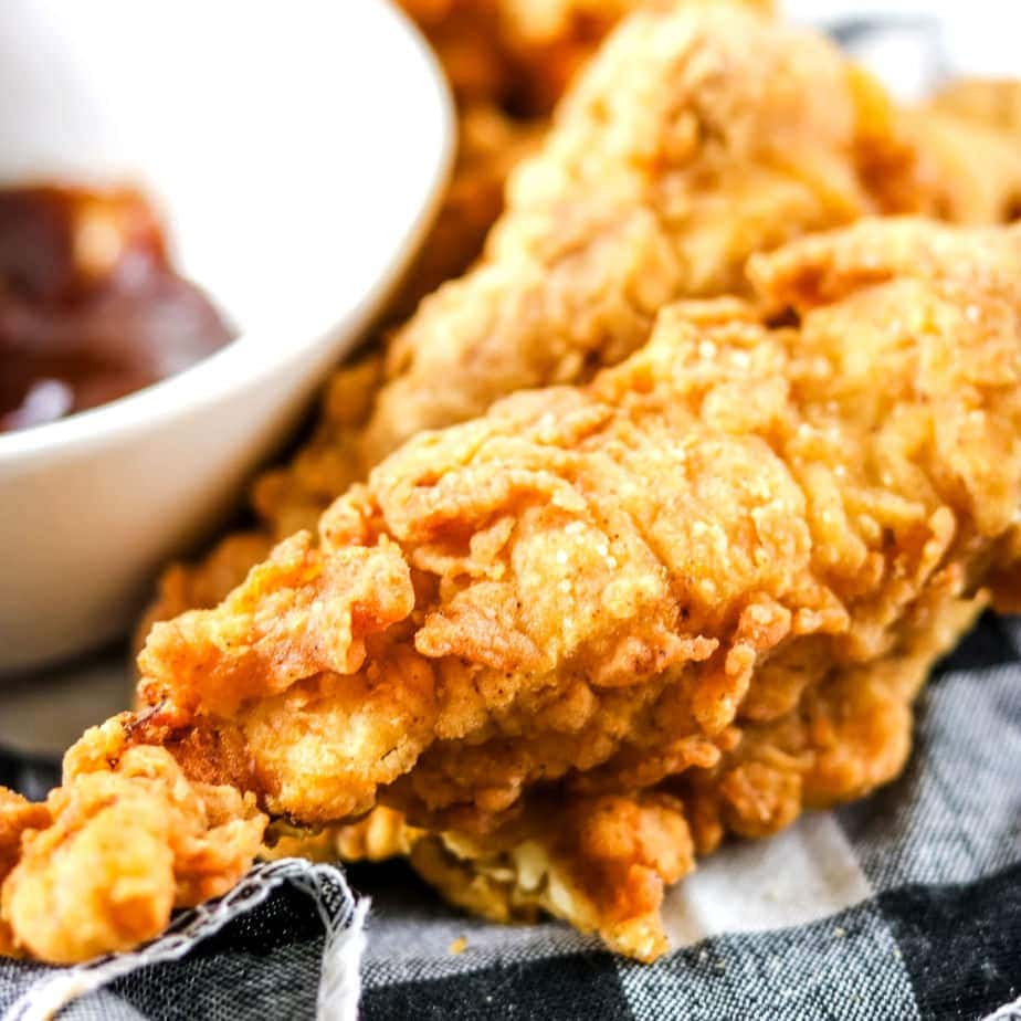 Close up view of crunchy chicken strips