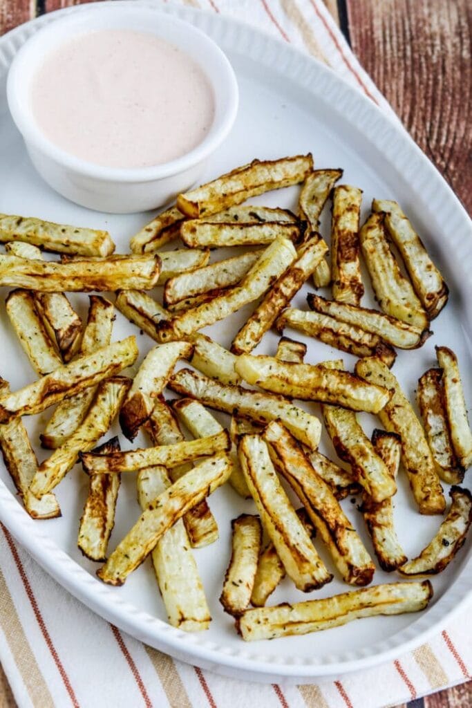 turnip fries with dip on a platter