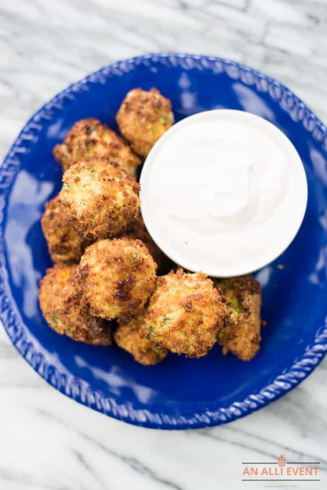 broccoli bites on a bowl with dip on the side