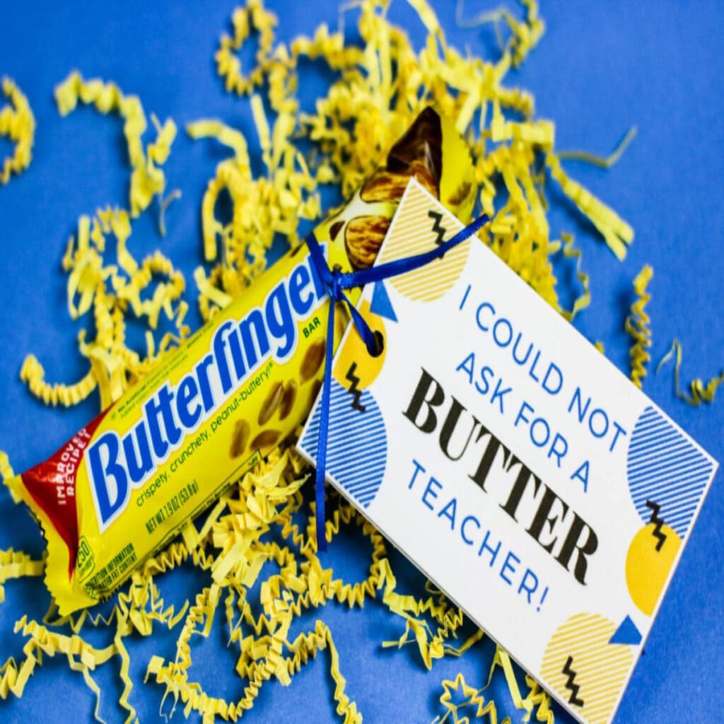 close up view of a butterfinger with a printable tag