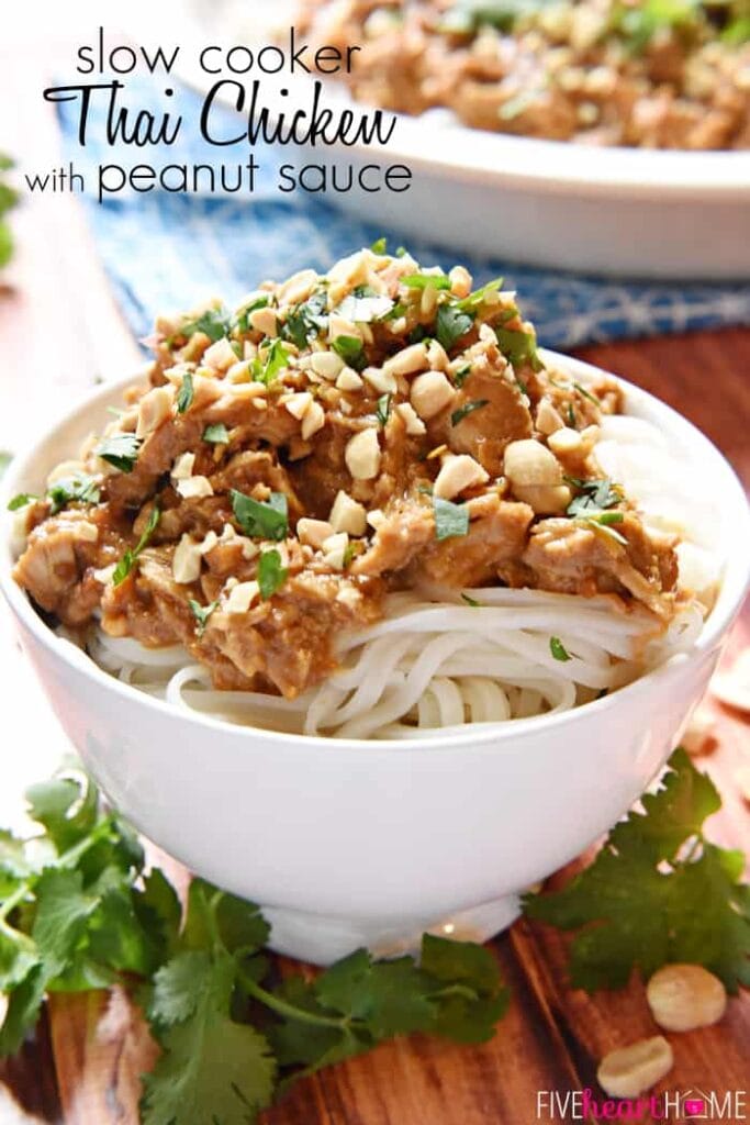 Thai Chicken in a bowl topped with peanuts