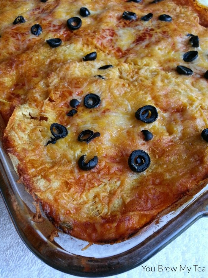 Chicken Bake Pan with black olives on top