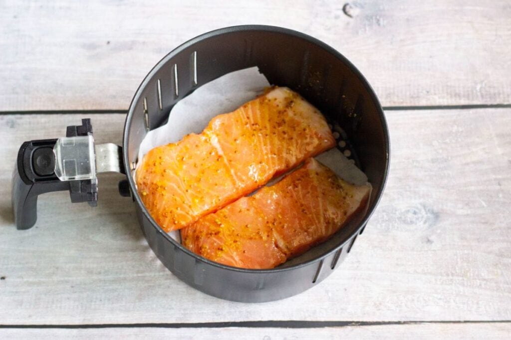 2 salmon fillets in the air fryer basket