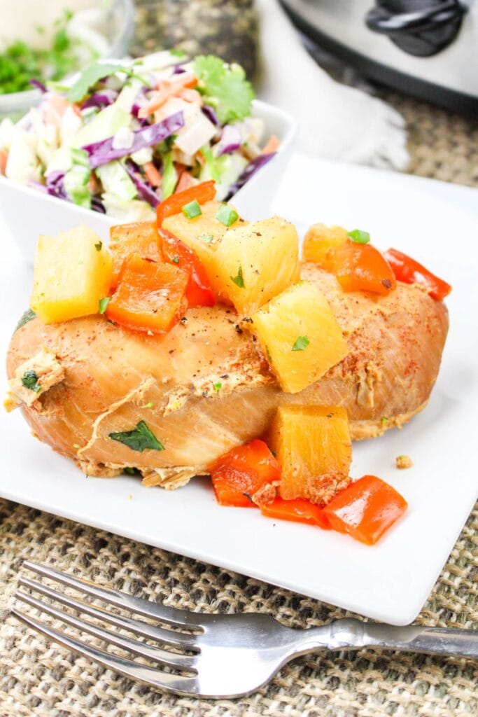 Piece of Chicken Topped with Pineapple Chunks and Bell Pepper
