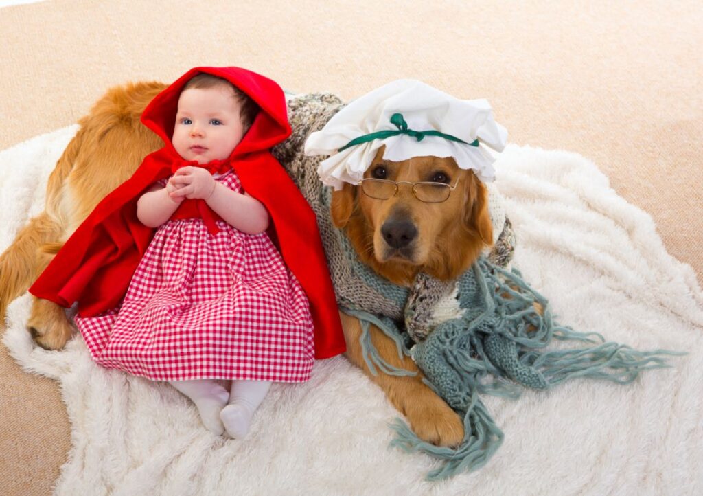 Grandma Dog with a baby little red riding hood