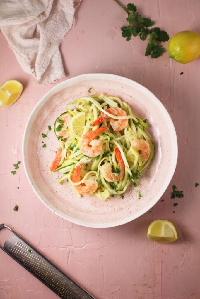 shrimp zoodles on a serving plate