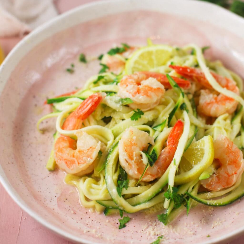 close up view of shrimp zoodles