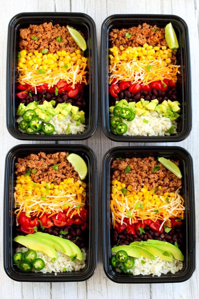 4 burrito bowl recipes in containers