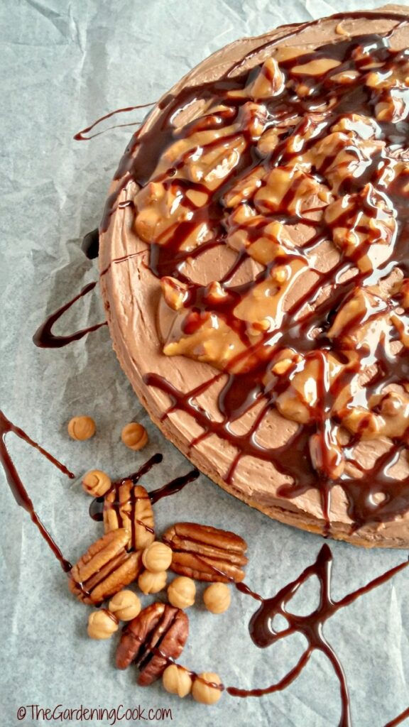 whole round cake drizzled with chocolate topped with pecan nuts