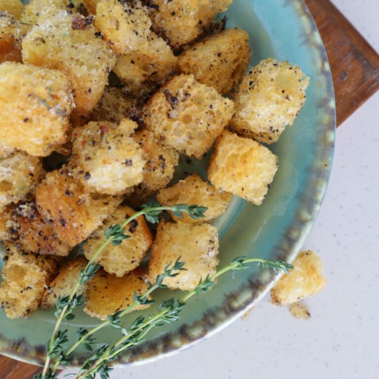 Seasoned Croutons on a bowl