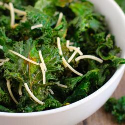 close up view of kale chips in a bowl