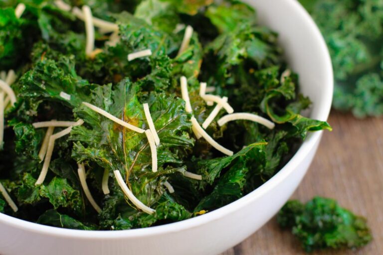 close up view of kale chips in a bowl