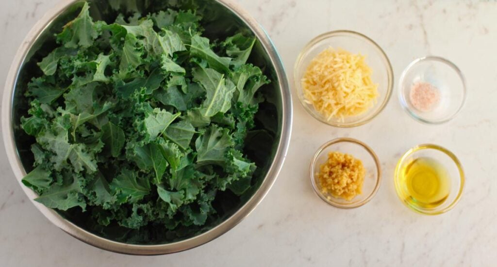 Ingredients for baked garlic kale chips