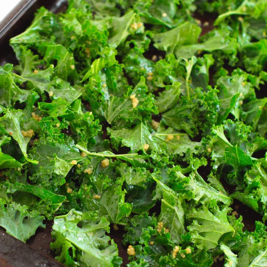 crispy, seasoned kale chip on an oven pan