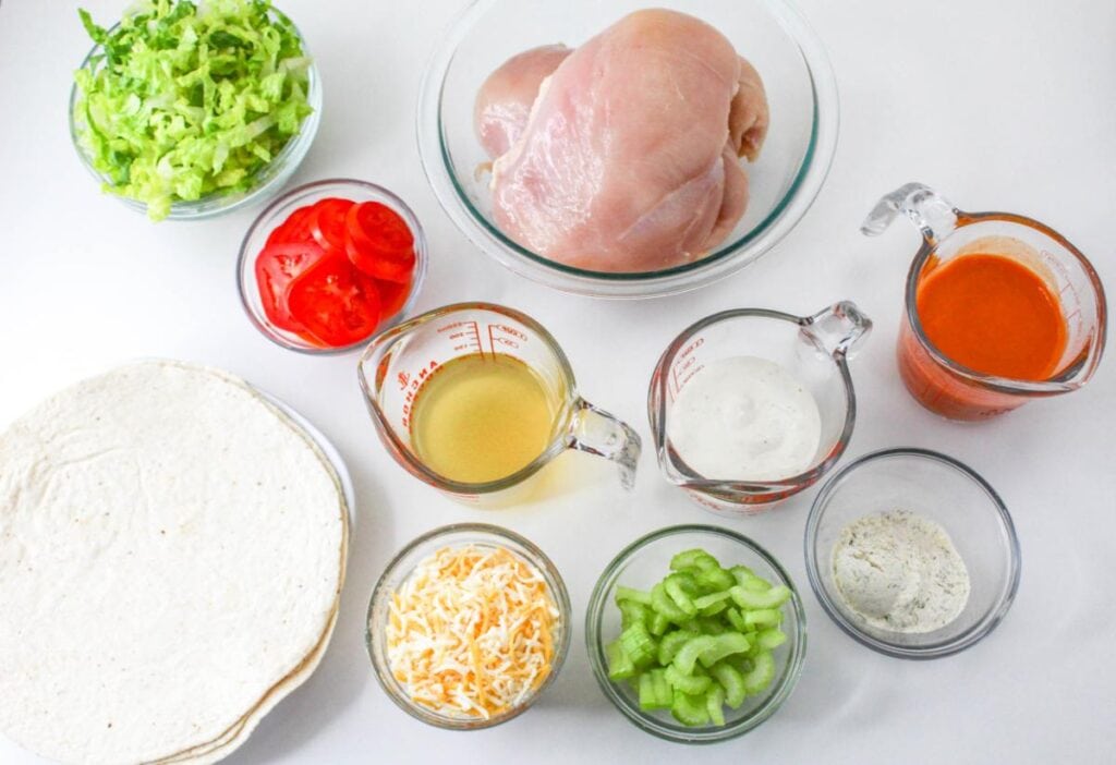 Ingredients to make buffalo chicken wrap