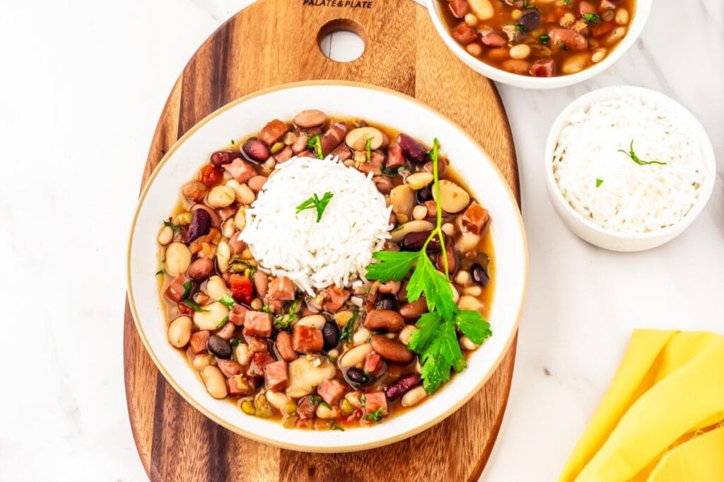 bowl of rice and slow cooked ham & beans