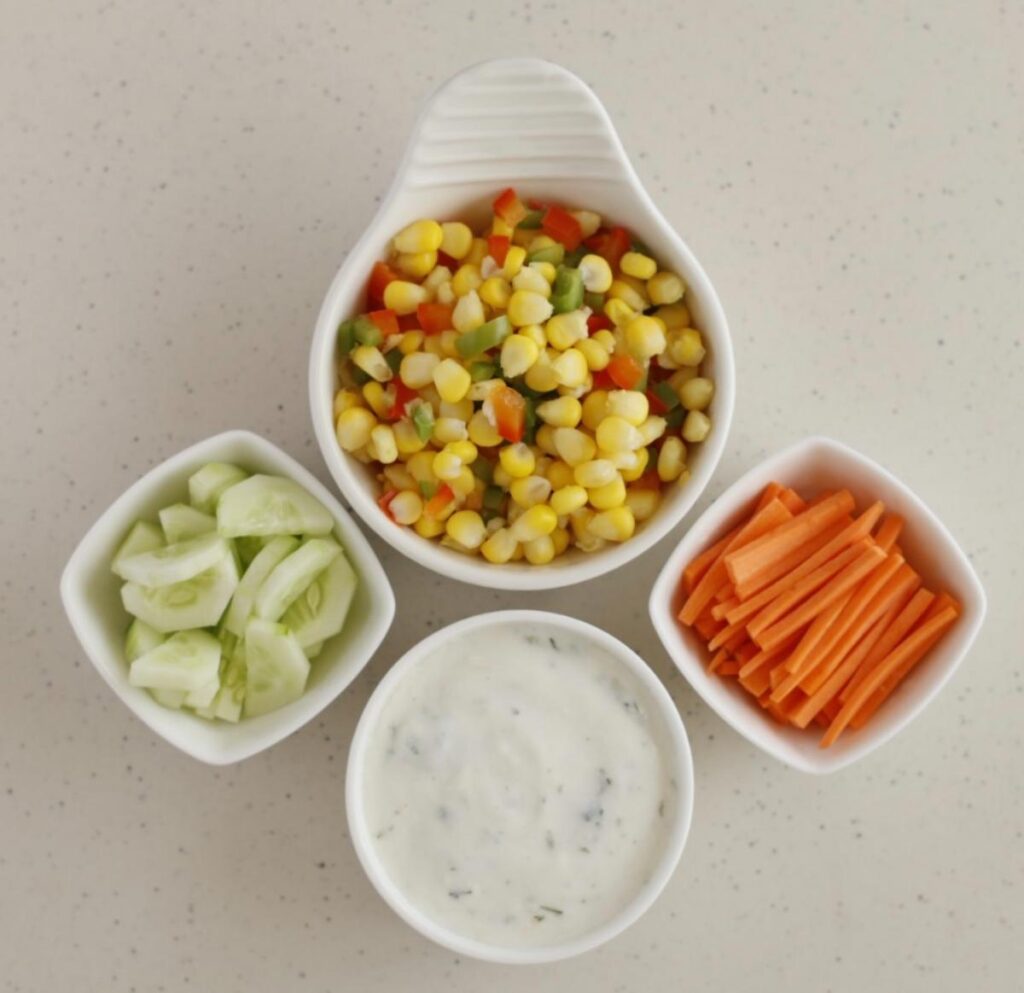 Ingredients to make cucumber and corn salad