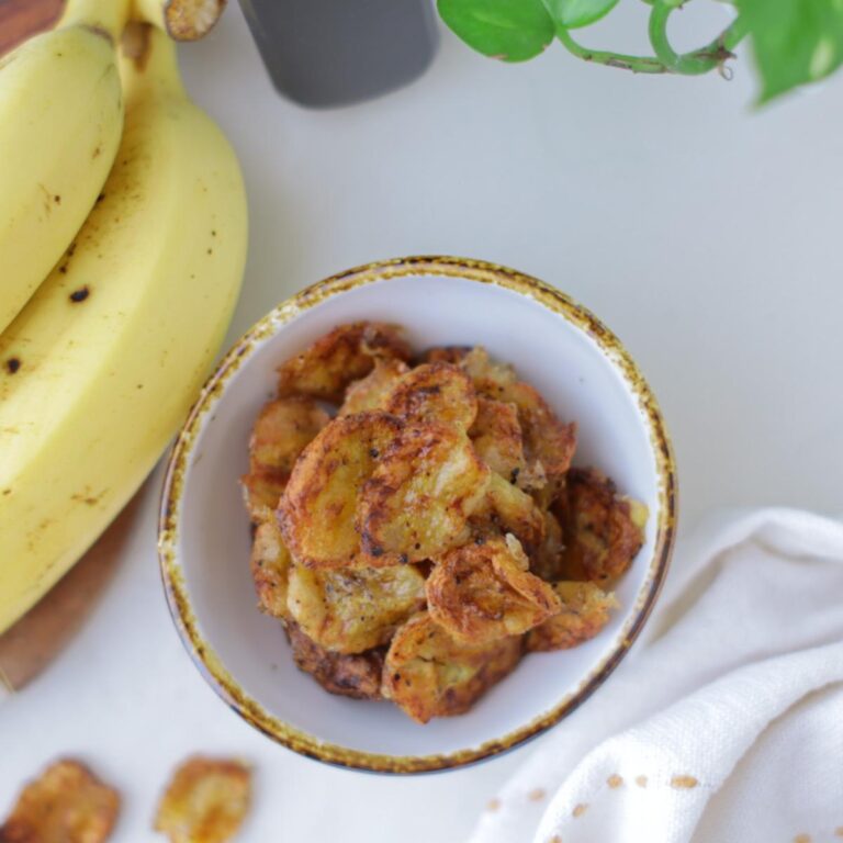 top view of a bowl of banana munchies