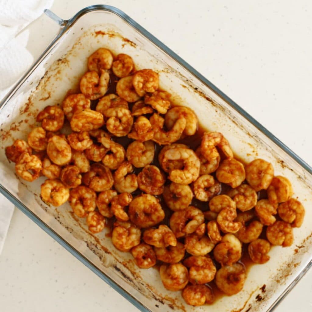 Baked shrimps in a baking pan