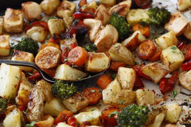 Close up view of roasted vegetables in the oven