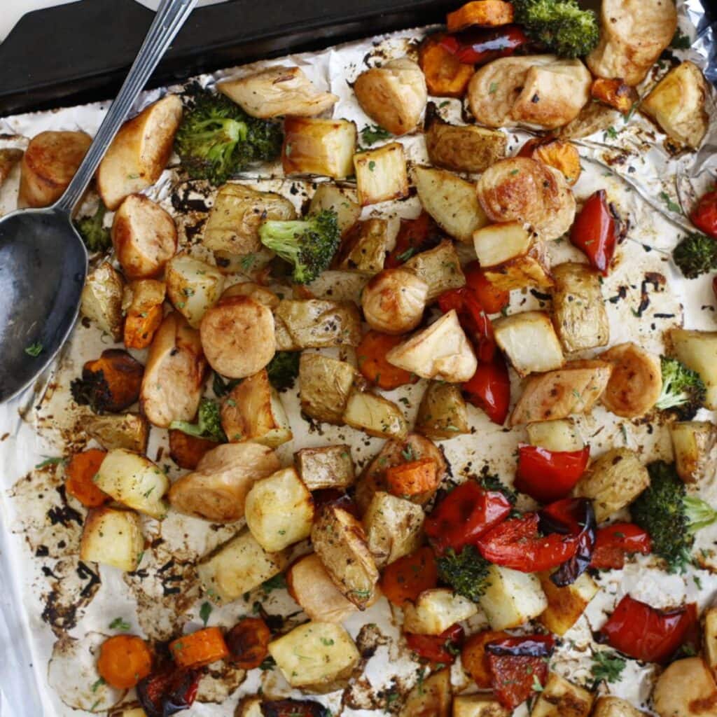 baking pan of chopped up vegetables
