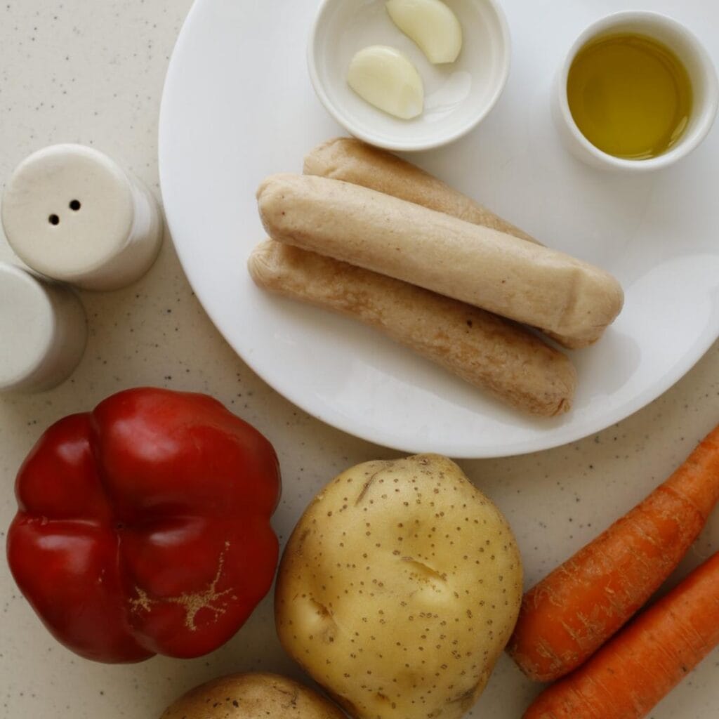 ingredients to make roasted sausage & veggies