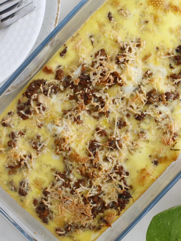 pan of eggs, sausage, milk and more