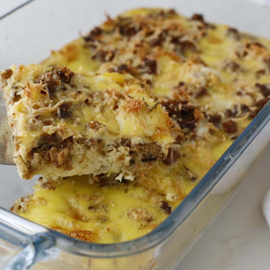 close up view of a slice of egg casserole