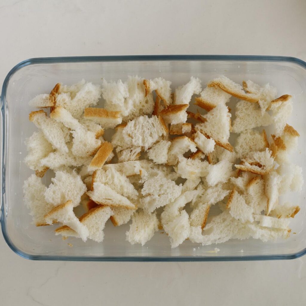 pan of bread pieces