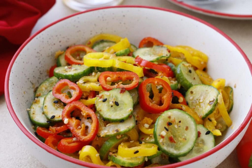 Bowl of bell peppers and cucumbers
