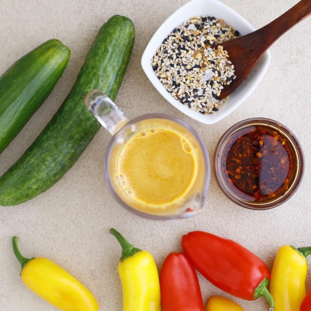 ingredients to make peppers and cucumbers salad