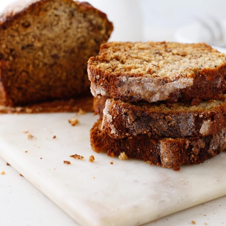 Sliced Moist Banana Bread on a board