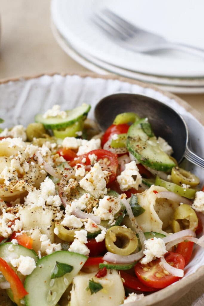 yummy mediterrenean pasta salad on a bowl
