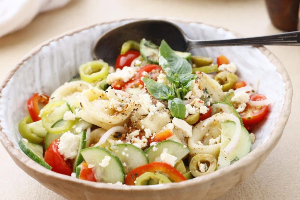 bowl of mediterrenean pasta salad