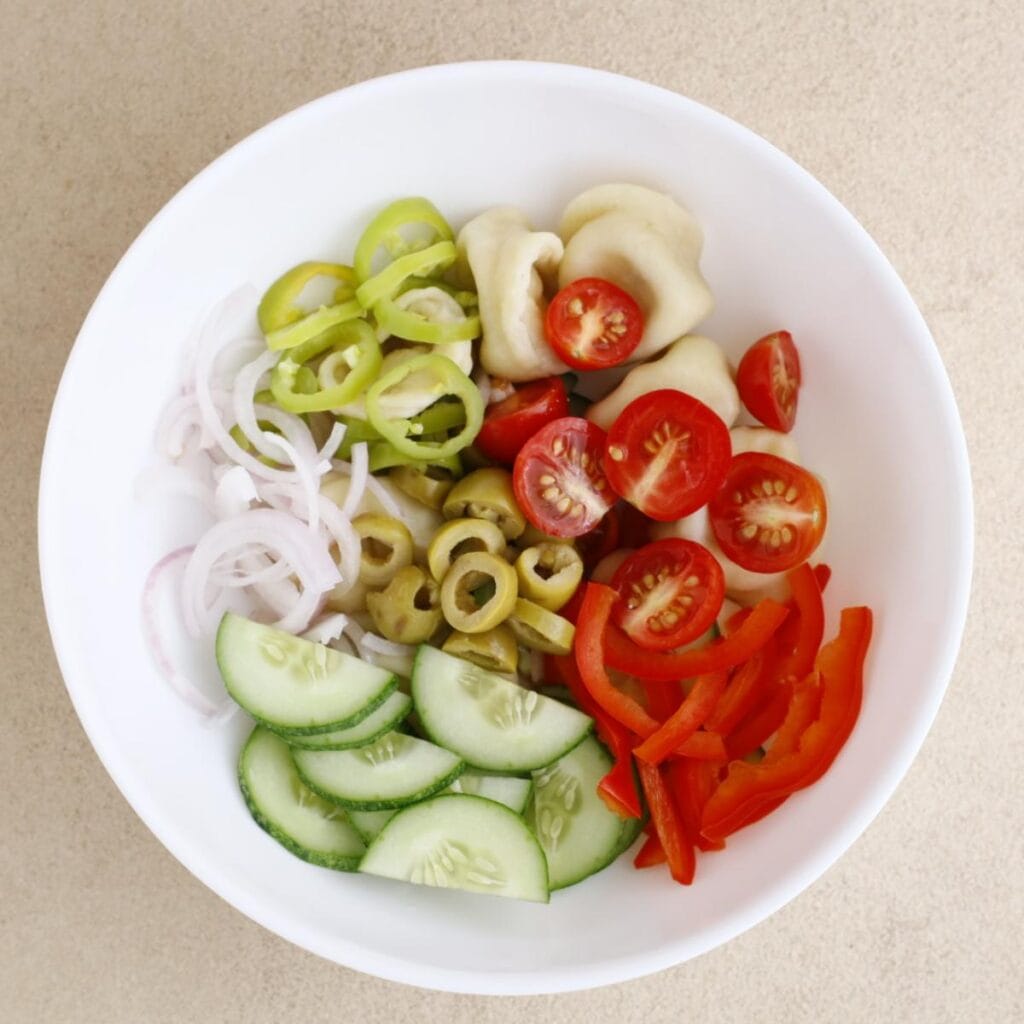 salad bowl of onions, cucumber, tomatoes, pepper, and pasta